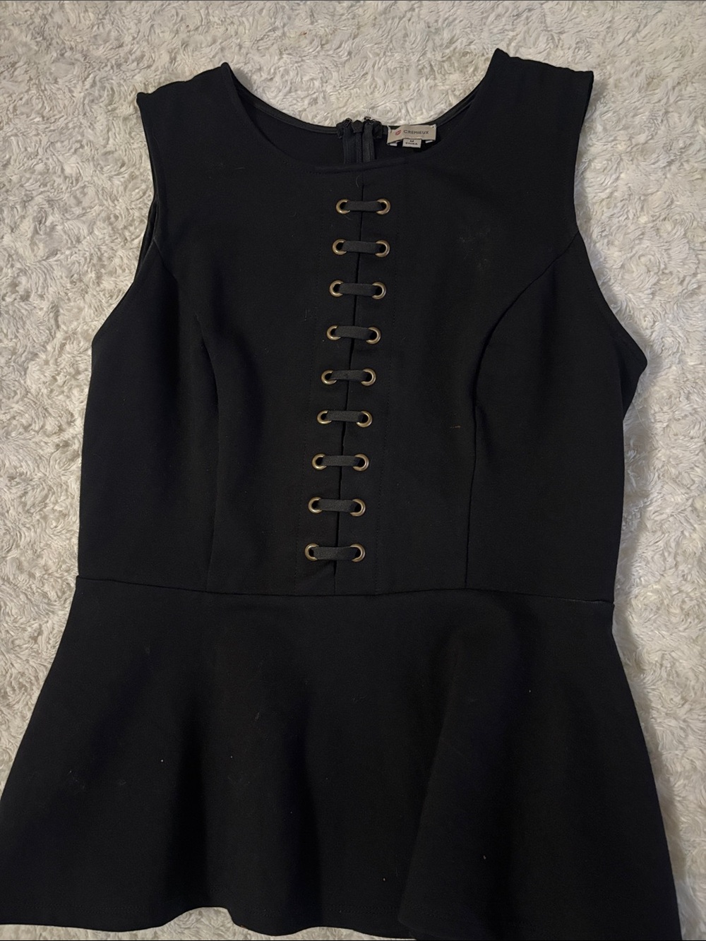 Daniel Cremieux Black Sleeveless Peplum Top with Grommet Lace Detail